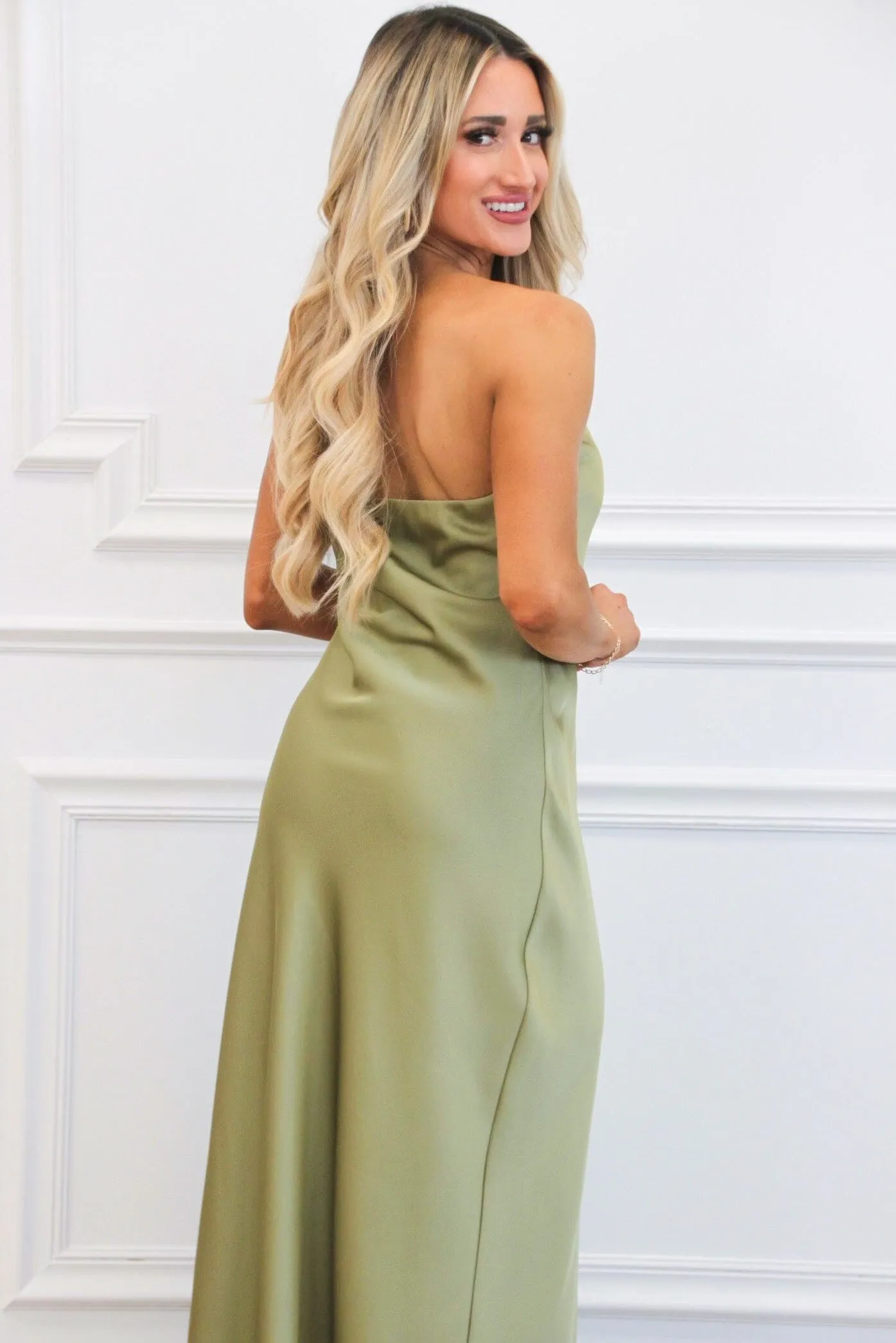 Locklin Strapless Satin Maxi Dress: SOLID Sage sold by Bella and Bloom product image thumbnail 3