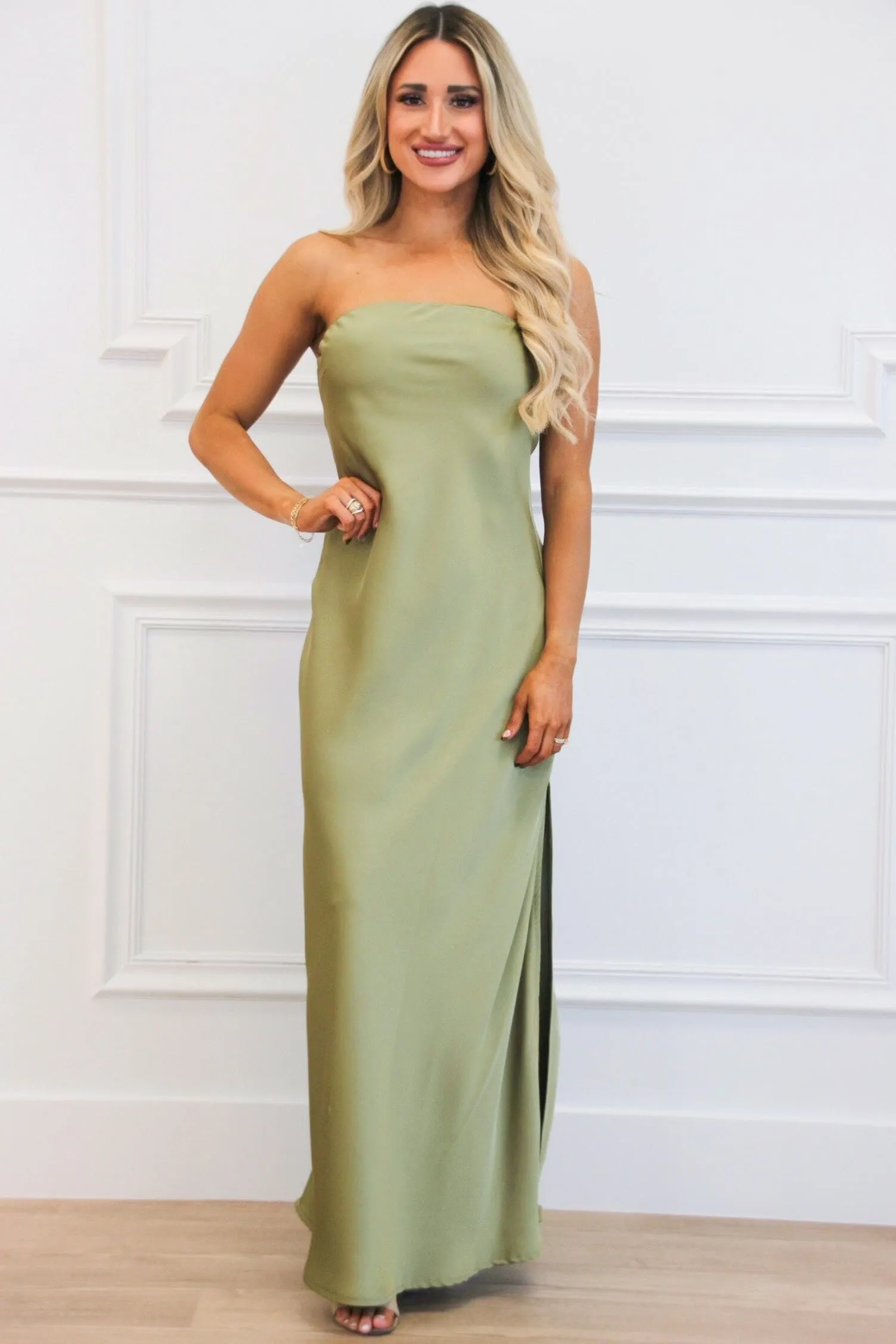 Locklin Strapless Satin Maxi Dress: SOLID Sage sold by Bella and Bloom