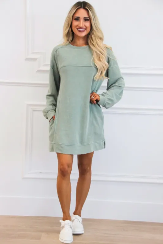 Casual Days Oversized Washed Sweatshirt Tunic Dress: Sage sold by Bella and Bloom