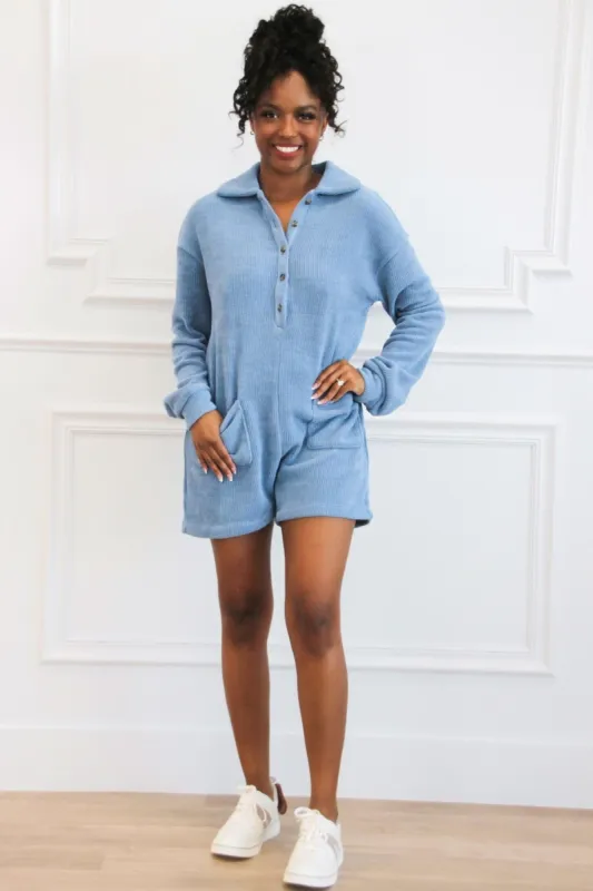 Amber Trails Chenille Sweater Romper: Dusty Blue sold by Bella and Bloom