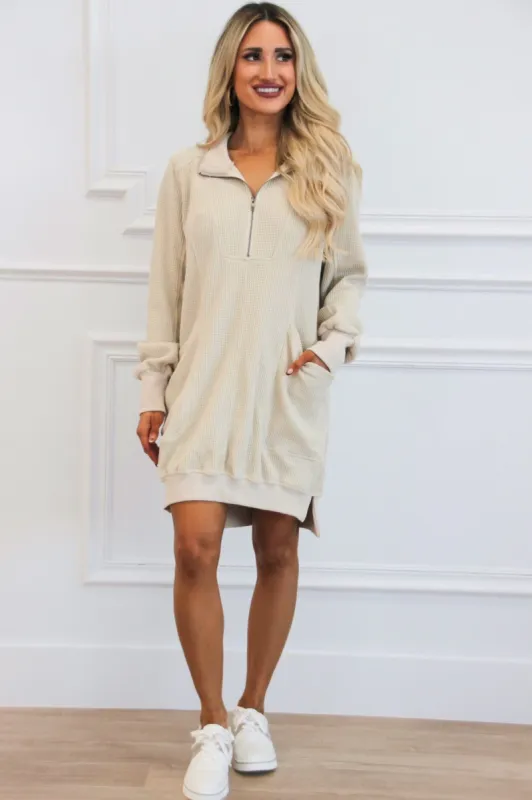 Running Errands Waffle Knit Half Zip Dress: Taupe sold by Bella and Bloom