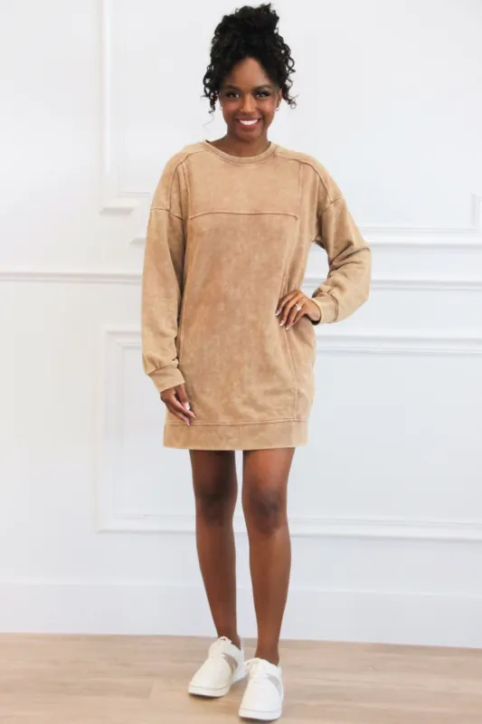 Casual Days Oversized Washed Sweatshirt Tunic Dress: Camel sold by Bella and Bloom