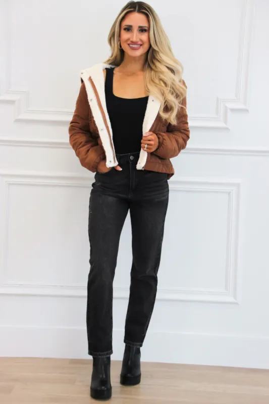 Taz Faux Fur Line Puffer Jacket: Camel sold by Bella and Bloom