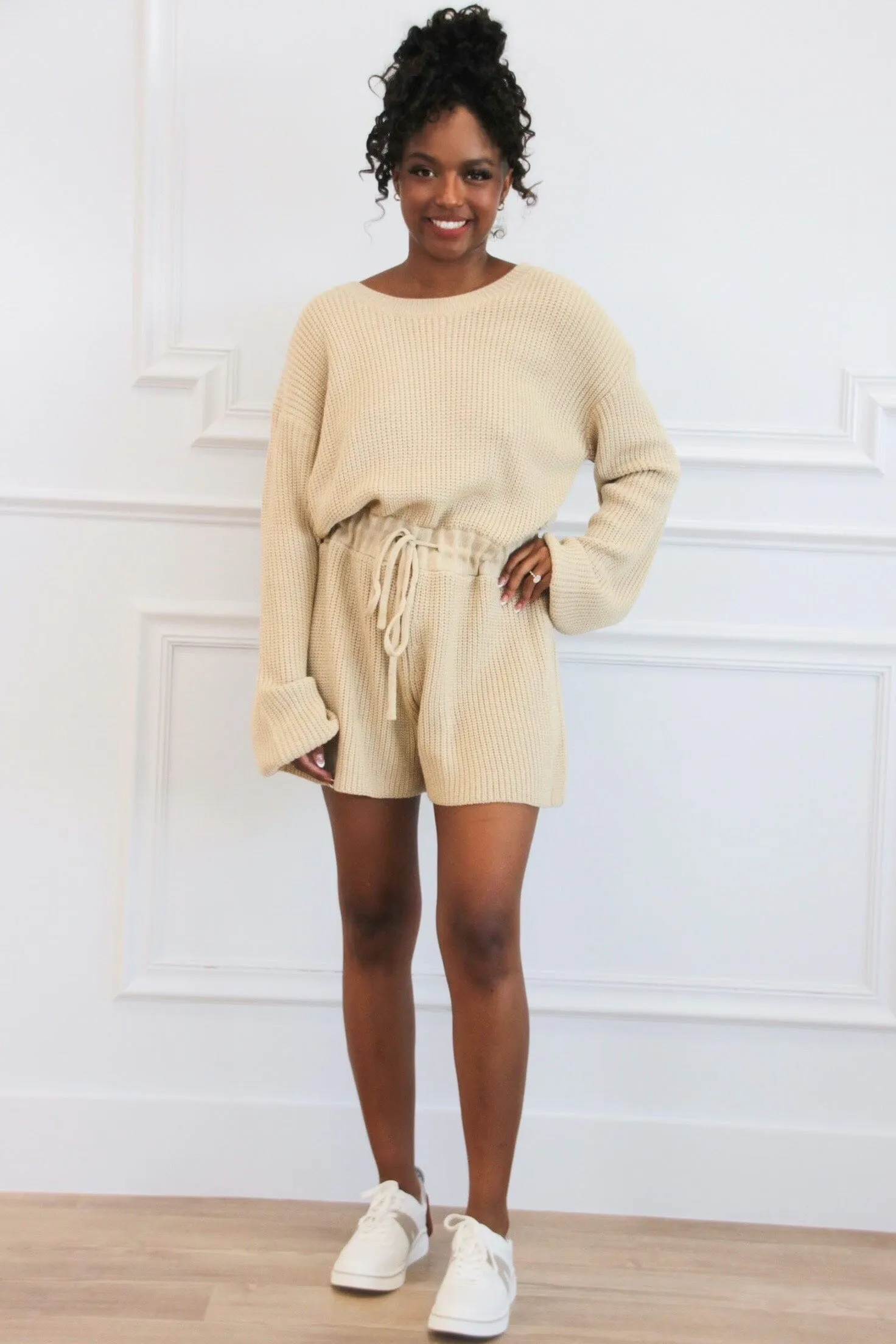 Fall Casual Sweater Romper: Taupe sold by Bella and Bloom