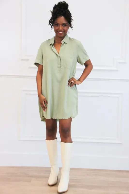 Comfy Essential Washed Denim Shirt Dress: Olive sold by Bella and Bloom