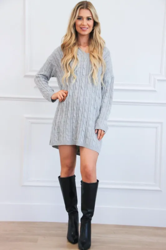 Autumn Comfort V Neck Sweater Dress: Heather Gray sold by Bella and Bloom
