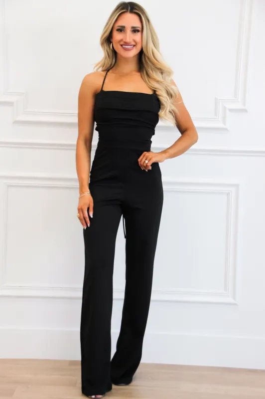 Nightly Muse Open Back Jumpsuit: Black sold by Bella and Bloom