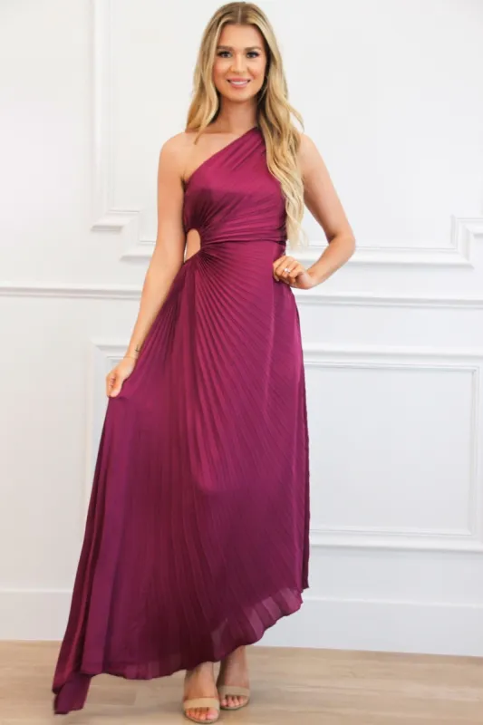 Braylin One Shoulder Pleated Asymmetrical Maxi Dress: Plum sold by Bella and Bloom
