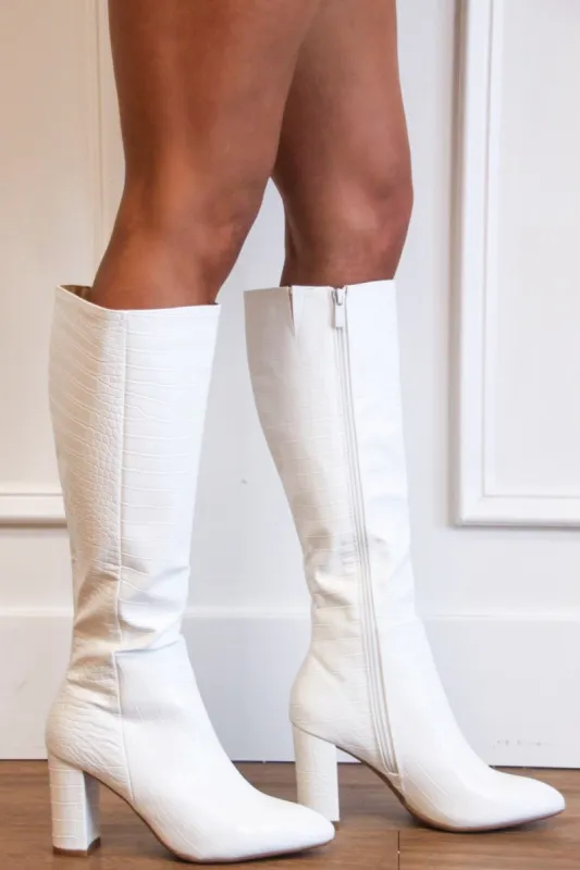 Martha Croc Knee High Boots: White sold by Bella and Bloom