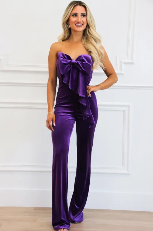 Put a Bow on It Velvet Jumpsuit: Purple sold by Bella and Bloom