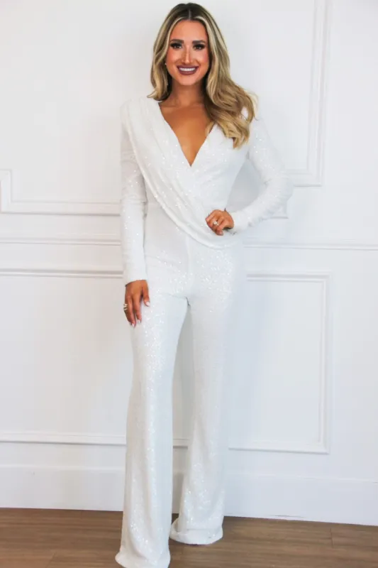 Here For the Party Sequin Jumpsuit: White sold by Bella and Bloom