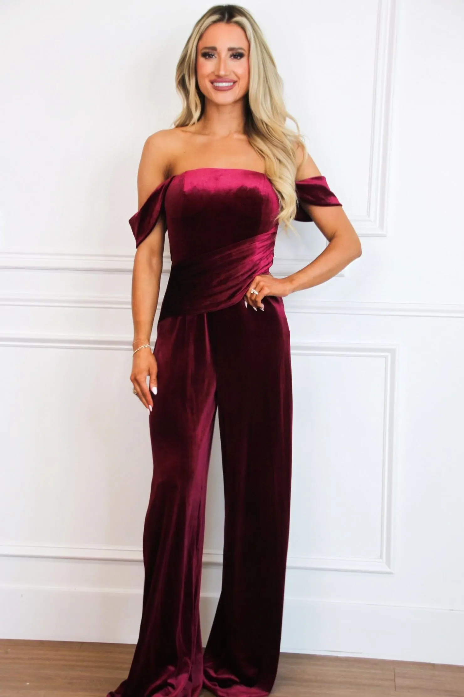 Tara Off Shoulder Velvet Jumpsuit: Burgundy sold by Bella and Bloom product image thumbnail 2