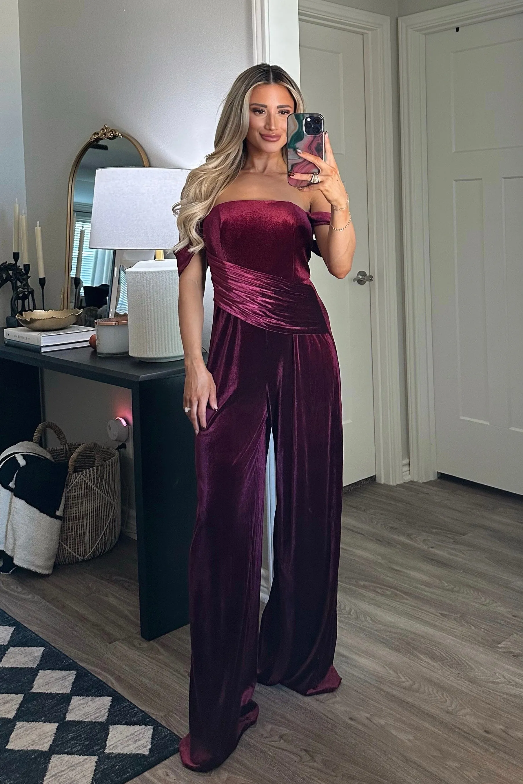 Tara Off Shoulder Velvet Jumpsuit: Burgundy sold by Bella and Bloom