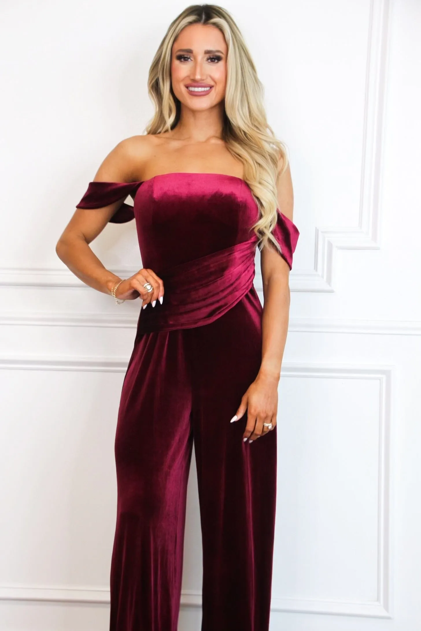 Tara Off Shoulder Velvet Jumpsuit: Burgundy sold by Bella and Bloom product image thumbnail 3