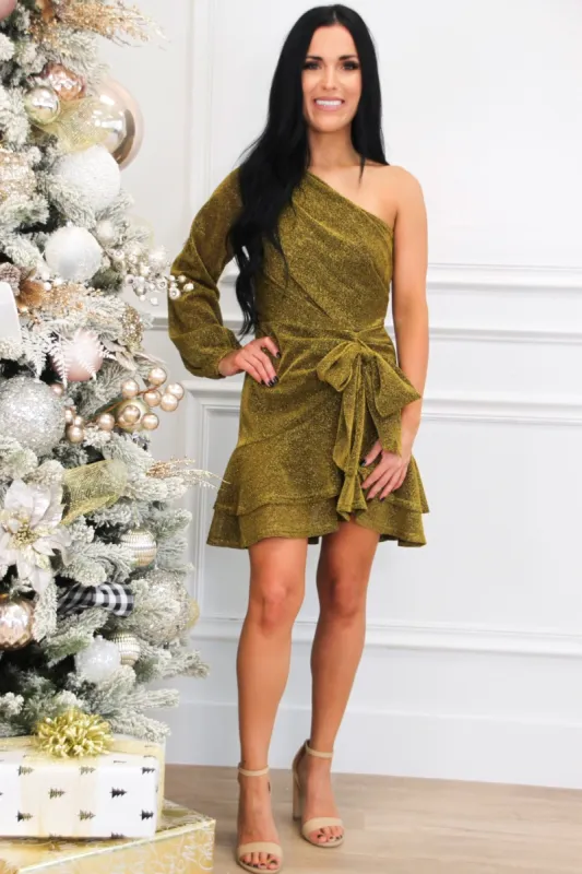 Finishing Touch Shimmer One Shoulder Ruffle Dress: Gold sold by Bella and Bloom