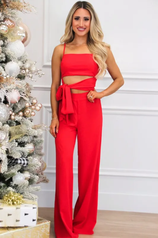 Celina Tie Waist Jumpsuit: Red sold by Bella and Bloom