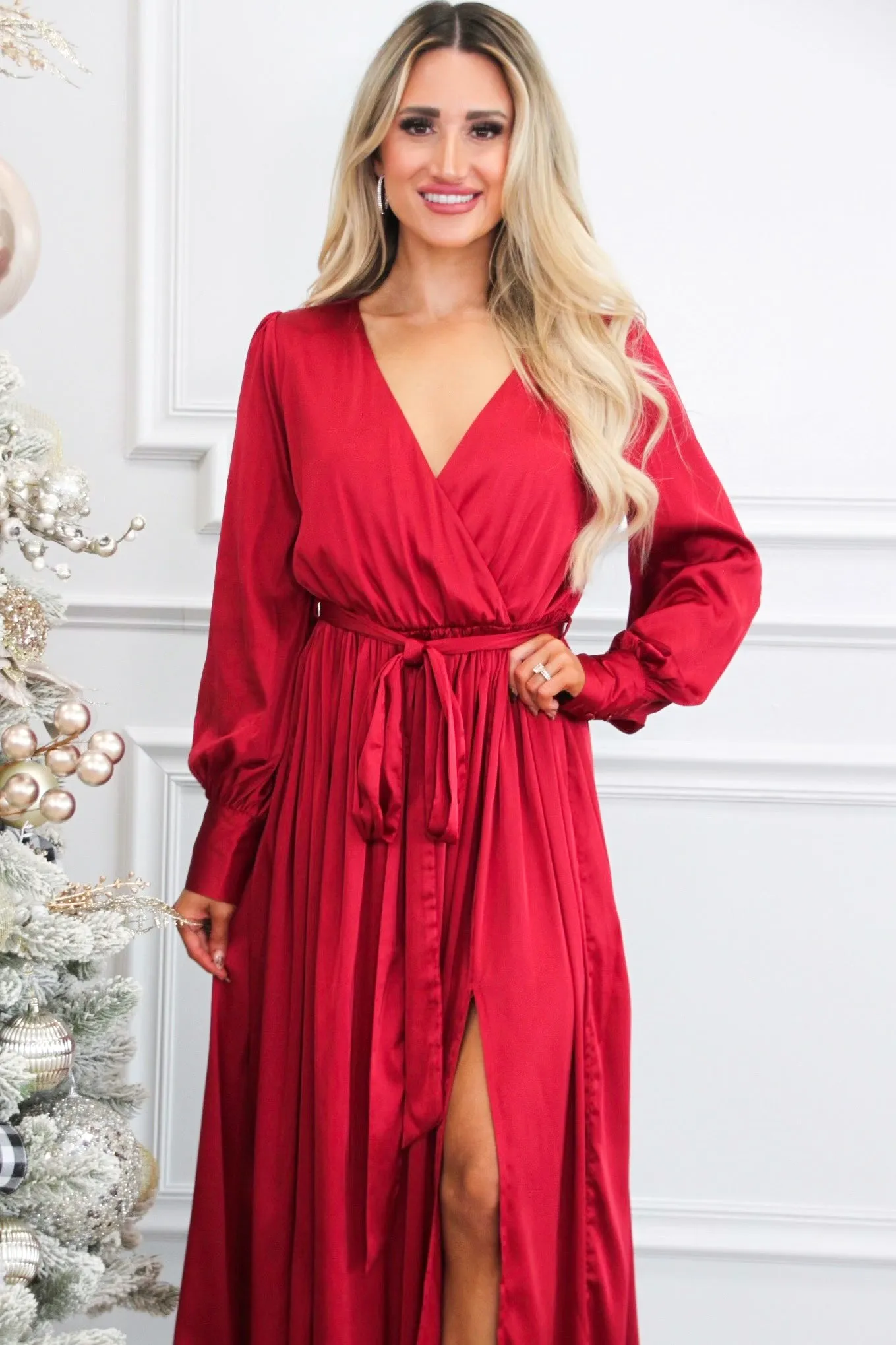 Jordana Long Sleeve Satin Maxi Dress: Burgundy sold by Bella and Bloom product image thumbnail 2