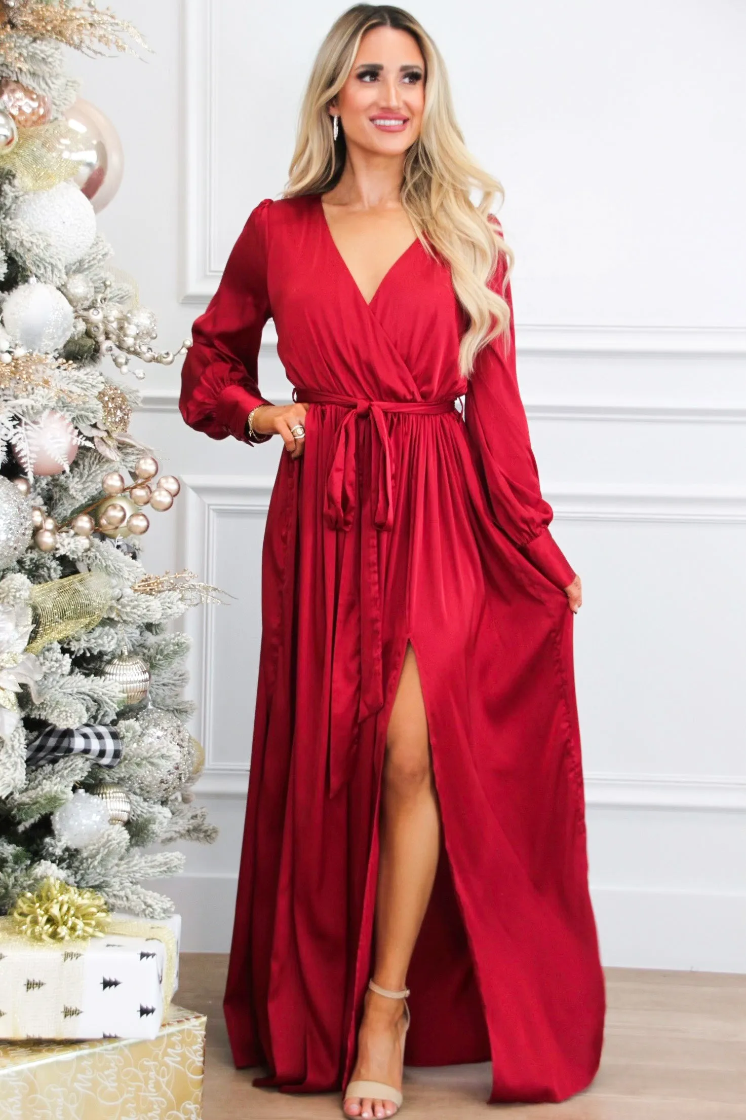 Jordana Long Sleeve Satin Maxi Dress: Burgundy sold by Bella and Bloom