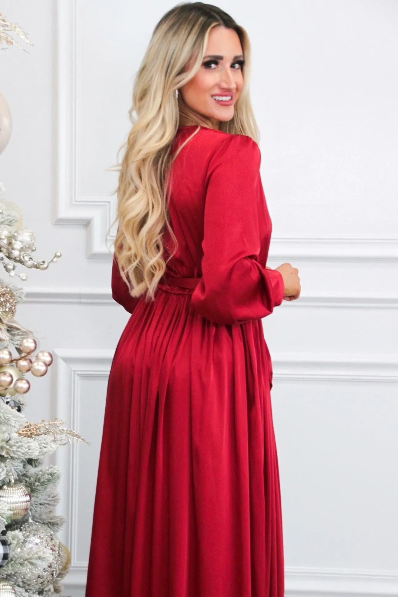 Jordana Long Sleeve Satin Maxi Dress: Burgundy sold by Bella and Bloom product image thumbnail 3