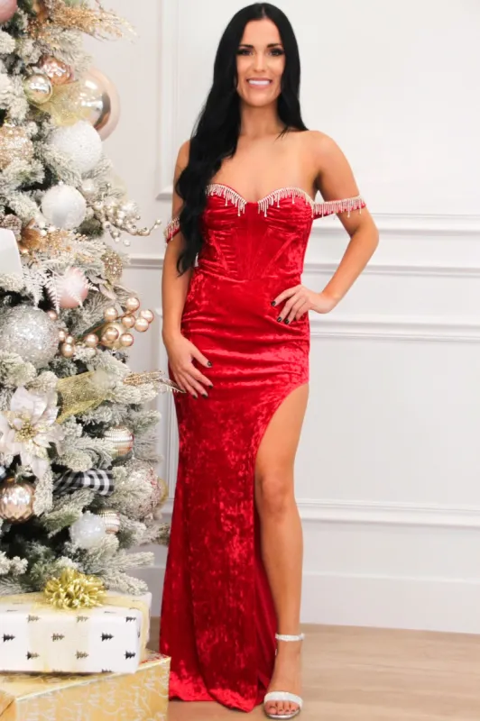 Savina Embellished Off Shoulder Bustier Crushed Velvet Maxi Dress: Red sold by Bella and Bloom