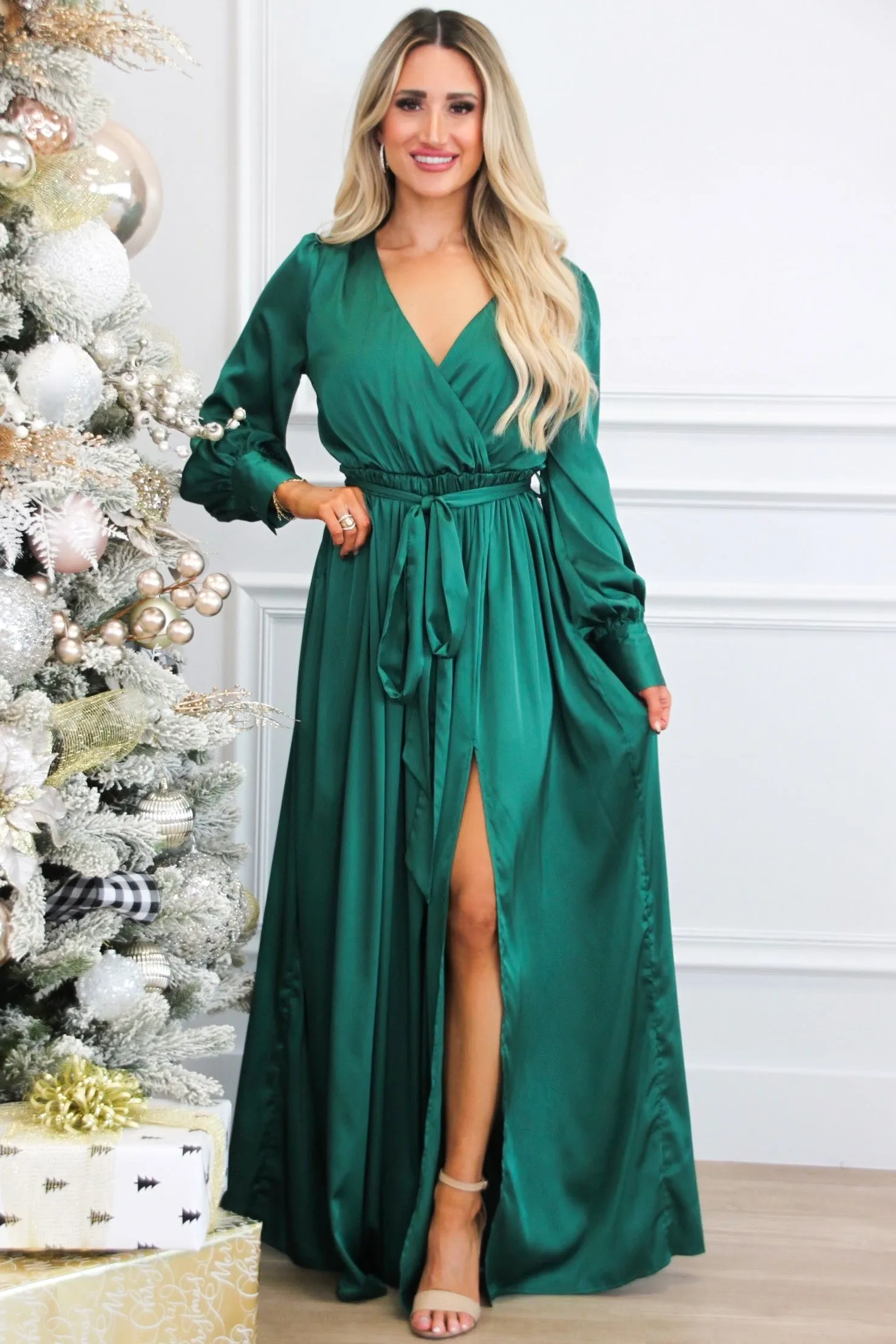 Jordana Long Sleeve Satin Maxi Dress: Green sold by Bella and Bloom