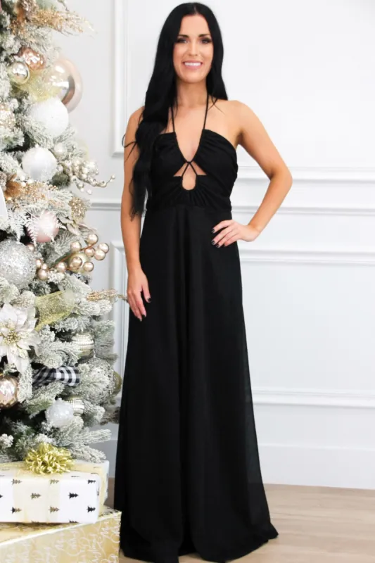 Pandora Shimmer Cutout Maxi Dress: Black sold by Bella and Bloom