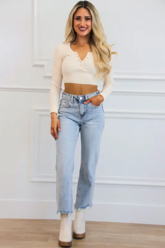 Easy Going Button Crop Top: Beige sold by Bella and Bloom