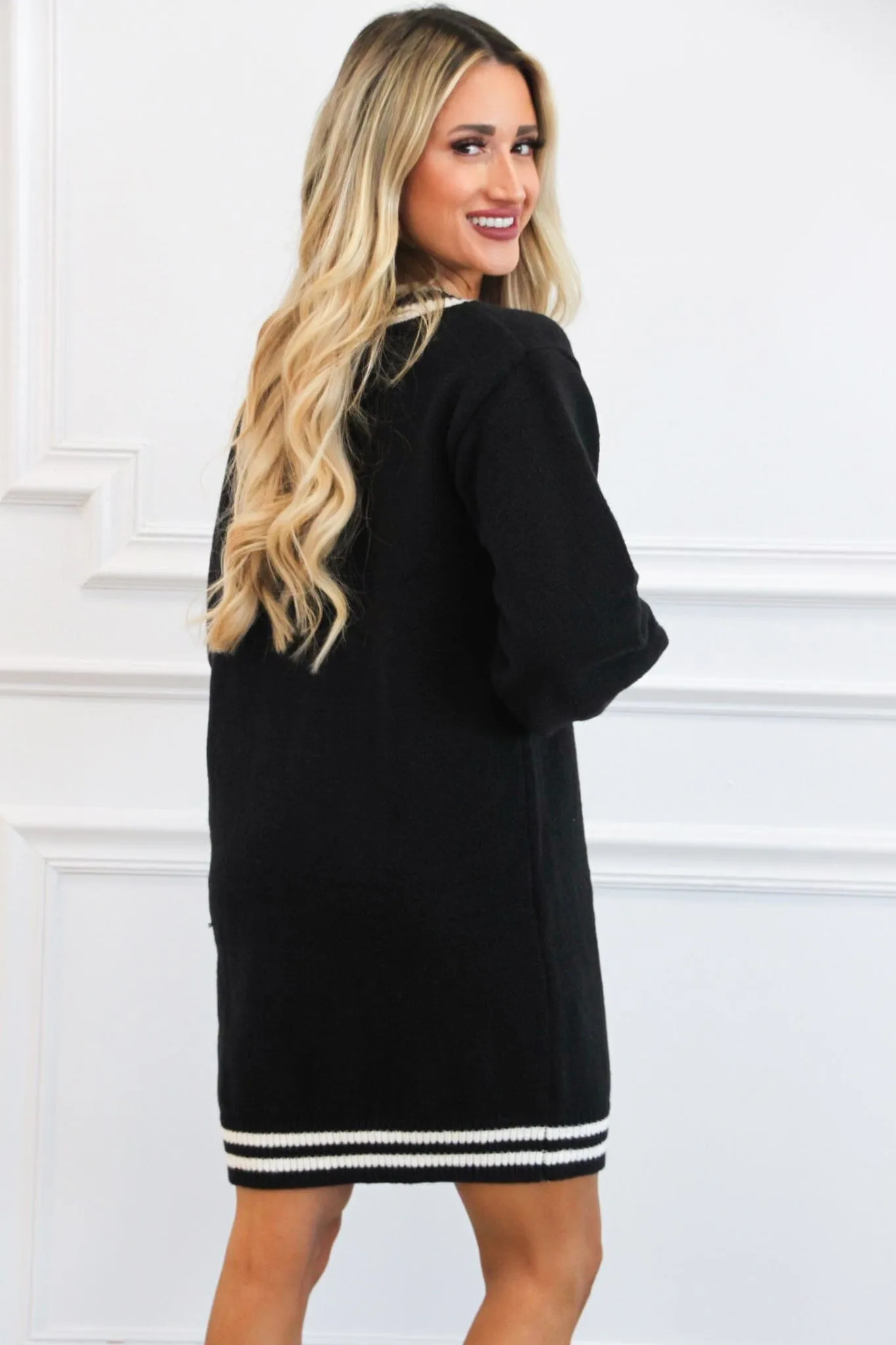 Varsity V Neck Sweater Dress: Black/Ivory sold by Bella and Bloom product image thumbnail 2