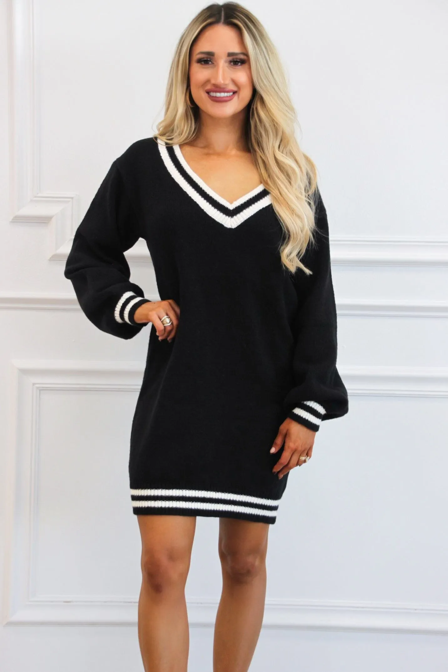 Varsity V Neck Sweater Dress: Black/Ivory sold by Bella and Bloom product image thumbnail 3