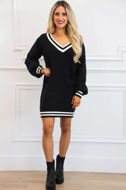 Varsity V Neck Sweater Dress: Black/Ivory sold by Bella and Bloom