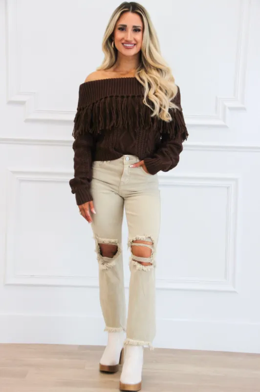 Let's Get Lost Off Shoulder Fringe Sweater: Brown sold by Bella and Bloom