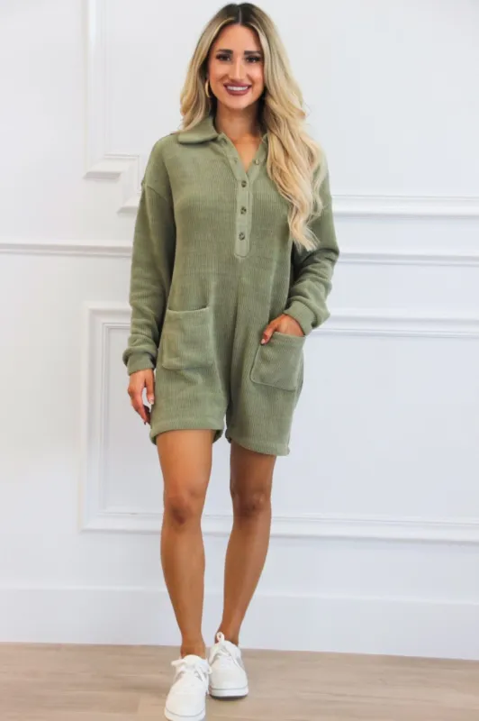 Amber Trails Chenille Sweater Romper: Olive sold by Bella and Bloom