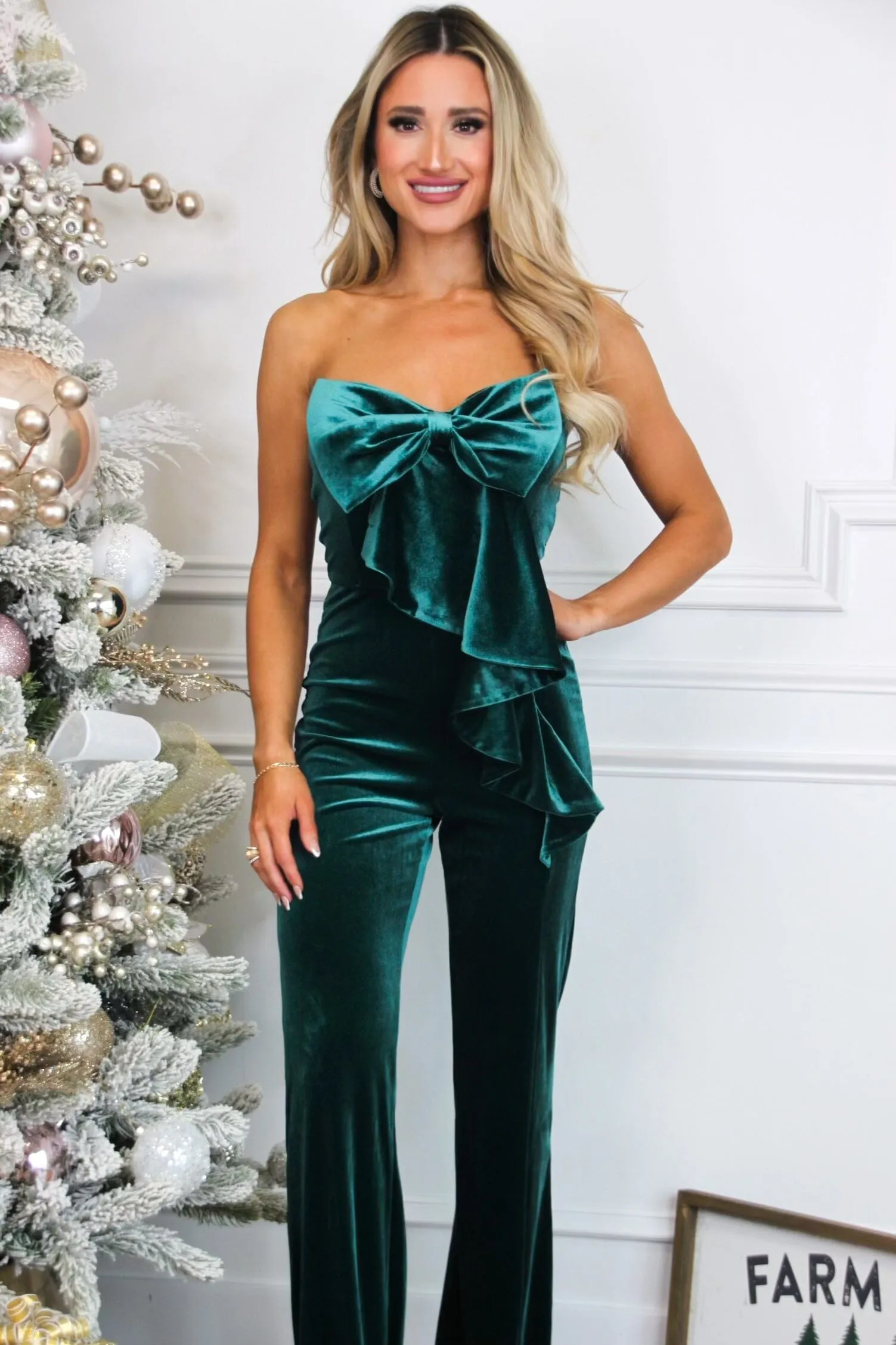 Put a Bow on It Velvet Jumpsuit: Emerald sold by Bella and Bloom product image thumbnail 2