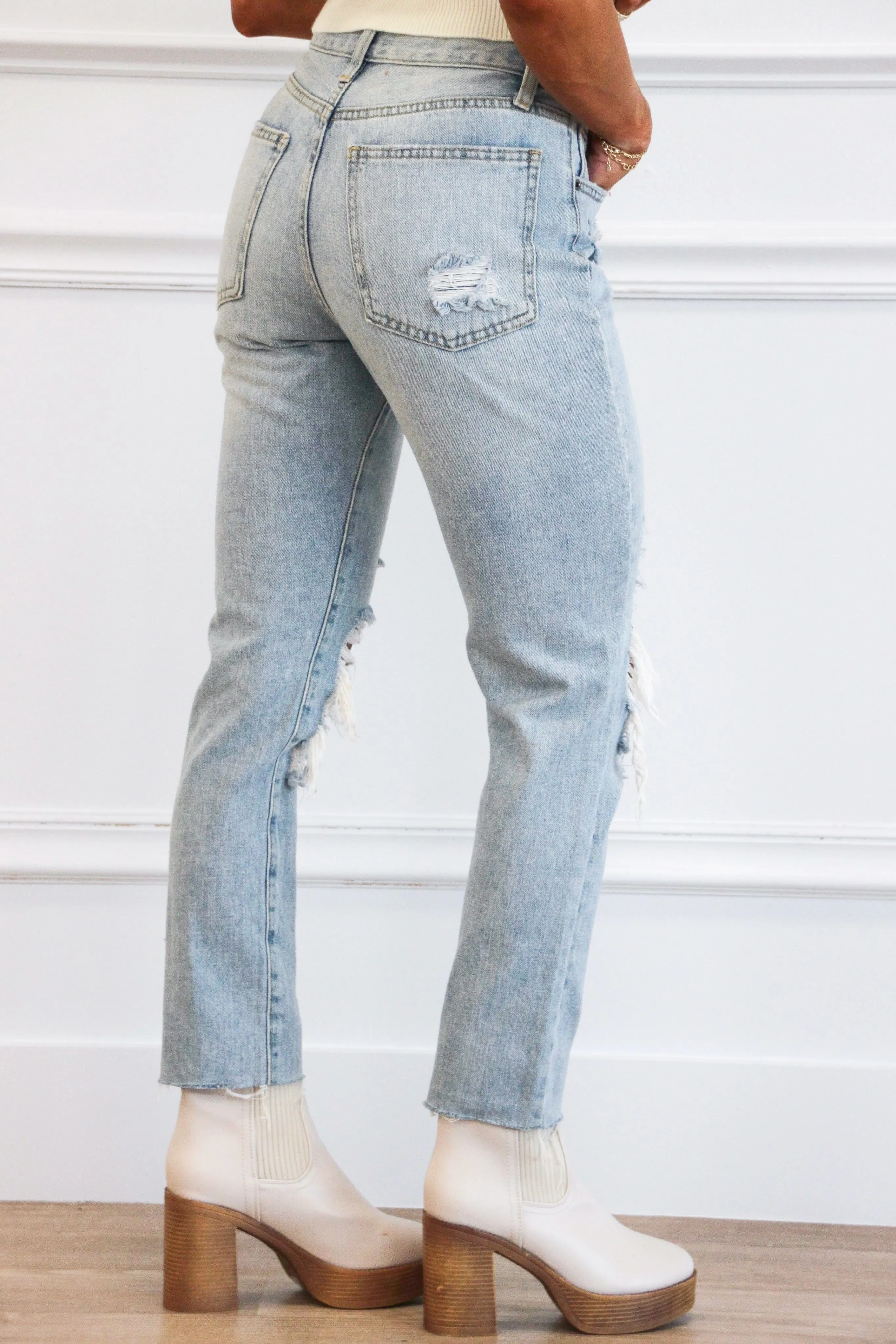 Devin Distressed High Waisted Straight Denim: Light Wash sold by Bella and Bloom product image thumbnail 2