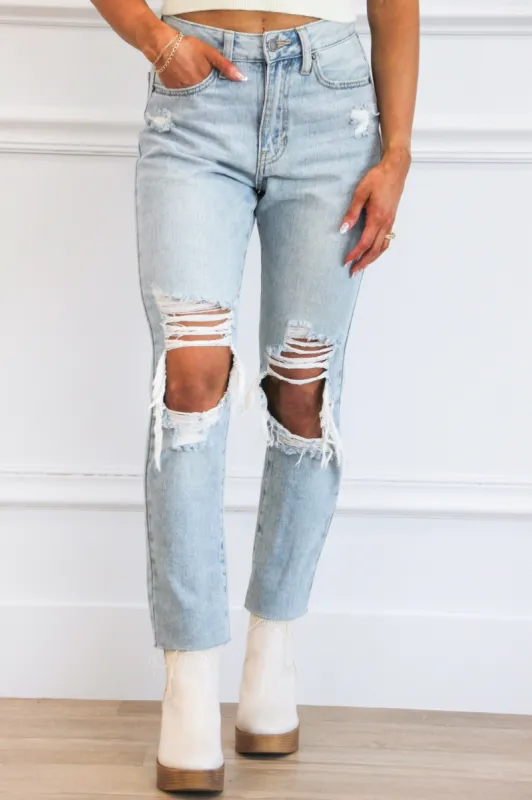 Devin Distressed High Waisted Straight Denim: Light Wash sold by Bella and Bloom