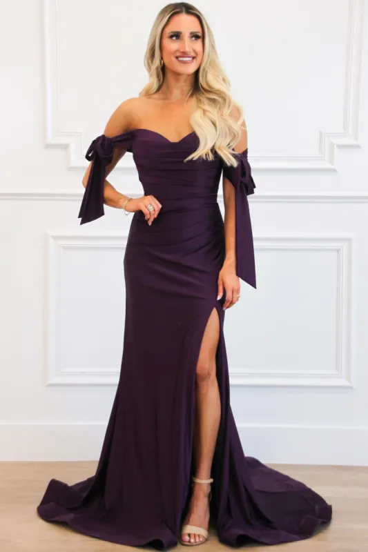 Southern Class Bow Sleeve Formal Dress: Eggplant sold by Bella and Bloom