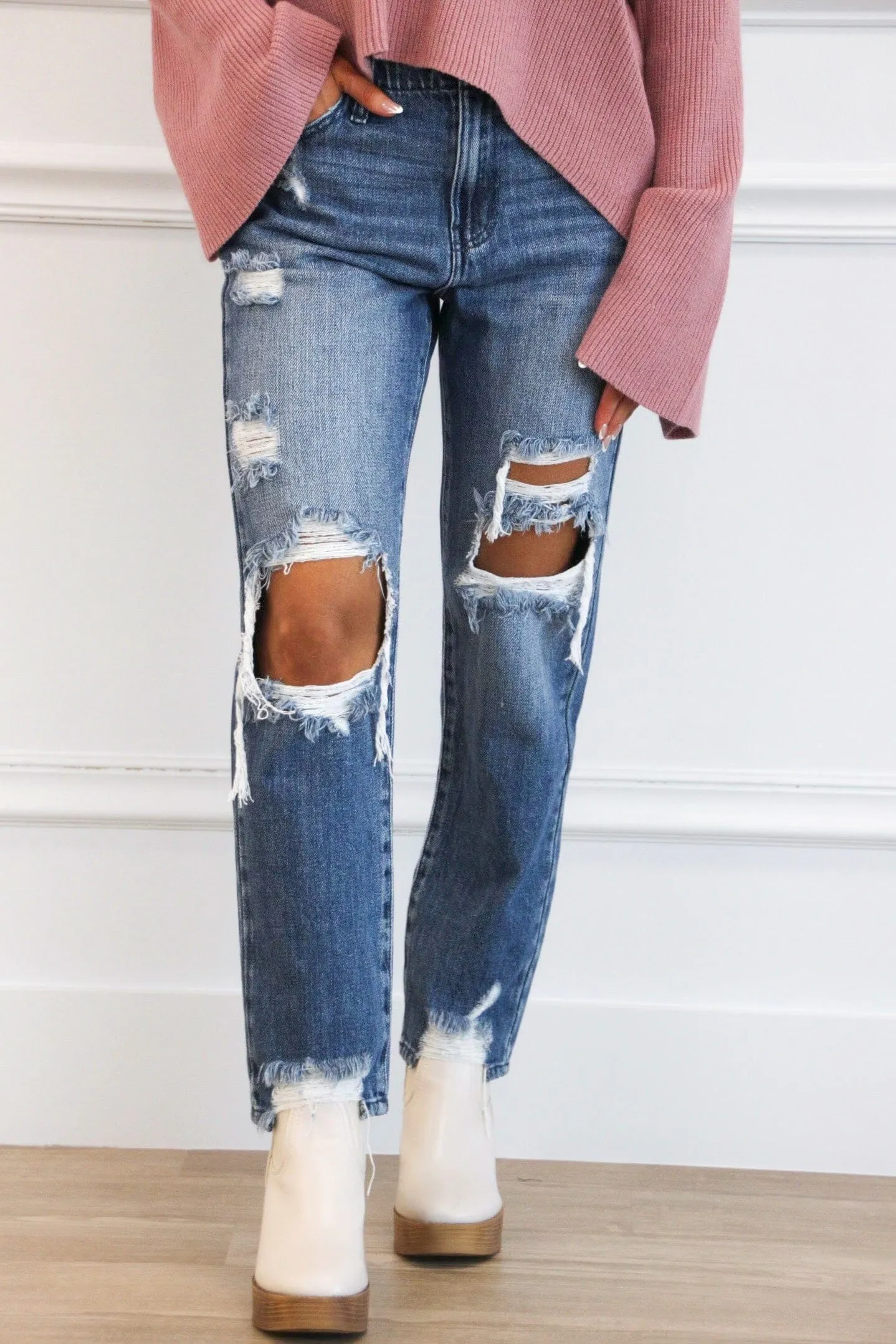 Stevenson KanCan High Rise Distressed Straight Denim: Medium Wash sold by Bella and Bloom