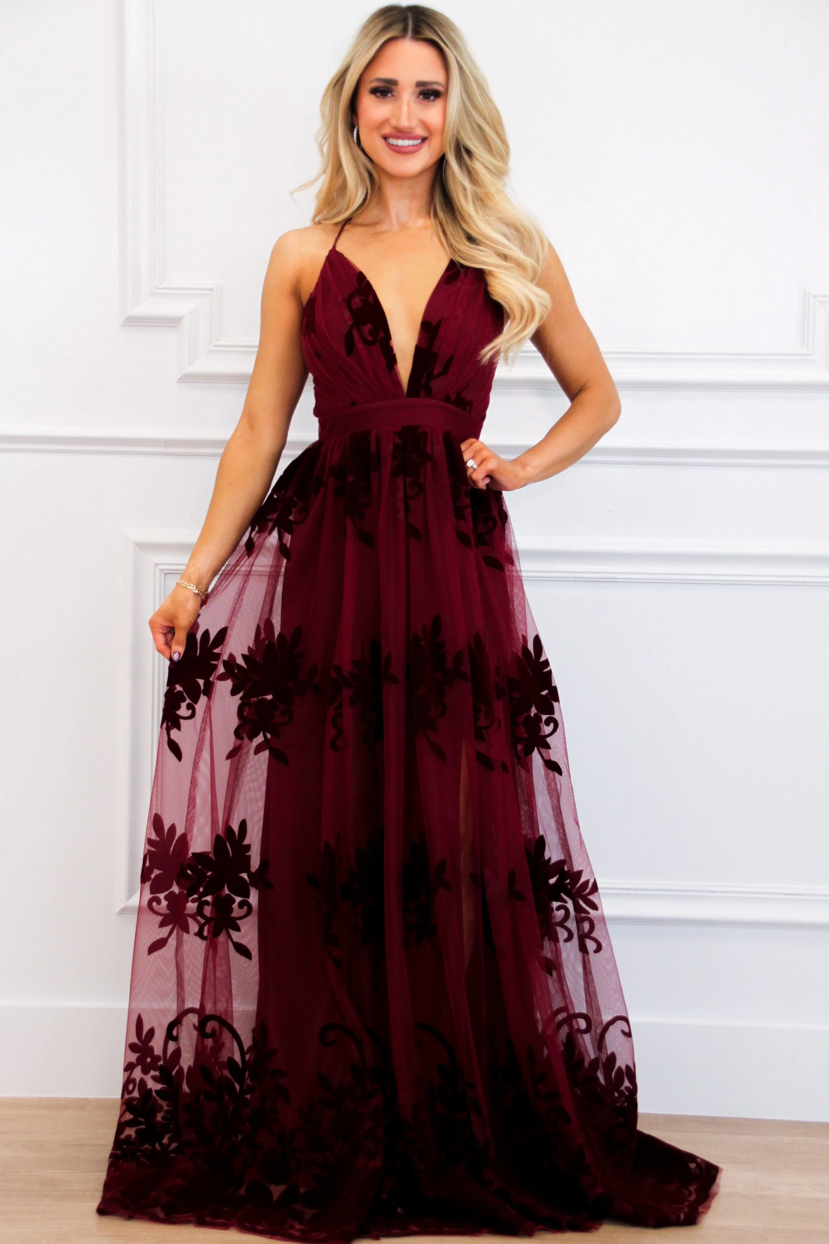 Here Comes the Bride Maxi Dress: Burgundy sold by Bella and Bloom