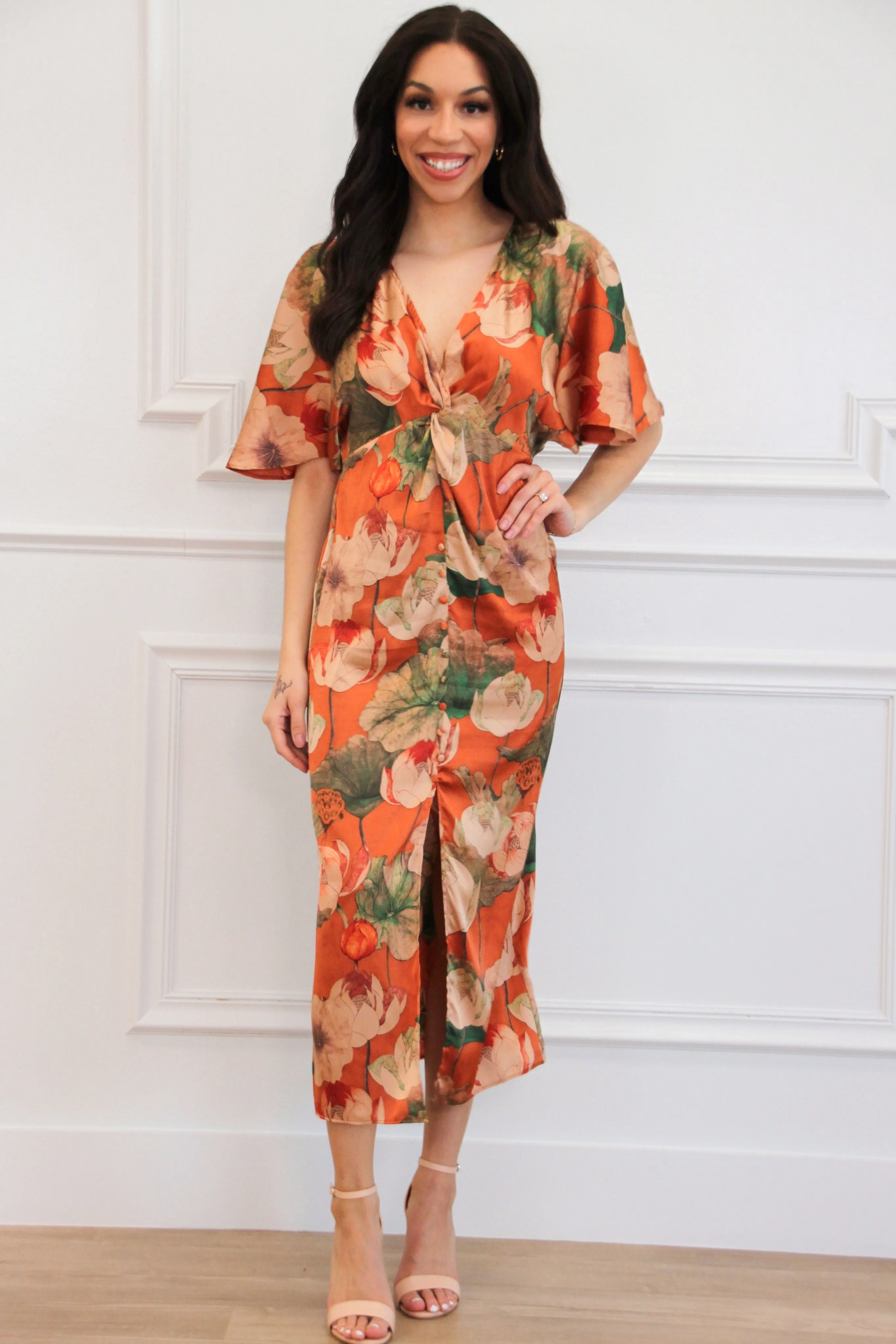 Leaves Falling Satin Floral Button Maxi Dress: Rust sold by Bella and Bloom