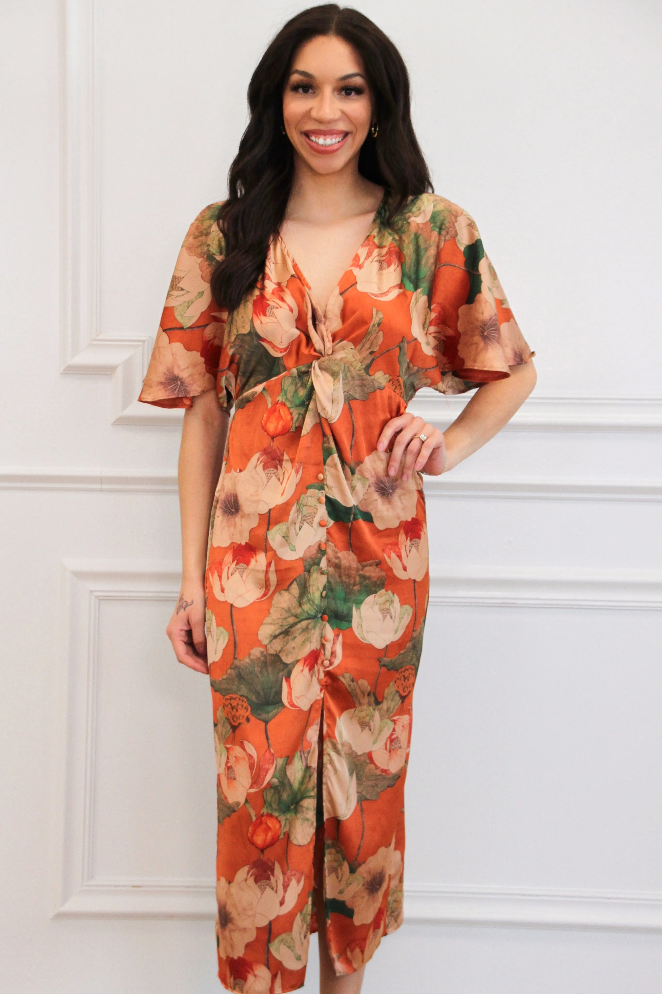 Leaves Falling Satin Floral Button Maxi Dress: Rust sold by Bella and Bloom product image thumbnail 2