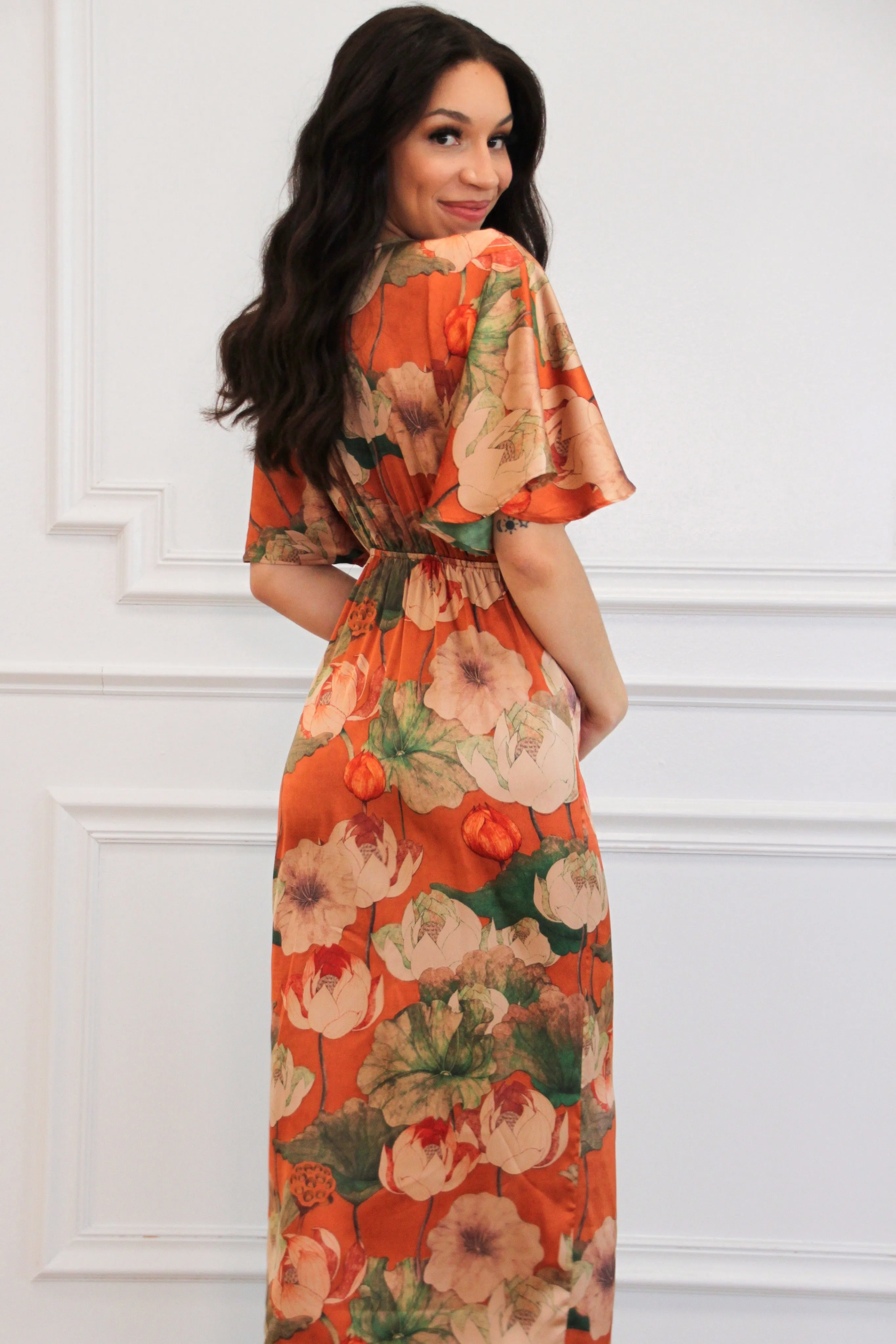 Leaves Falling Satin Floral Button Maxi Dress: Rust sold by Bella and Bloom product image thumbnail 3