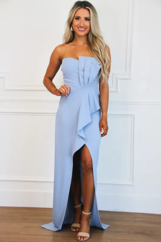 Chic Moments Maxi Dress: Dusty Blue sold by Bella and Bloom