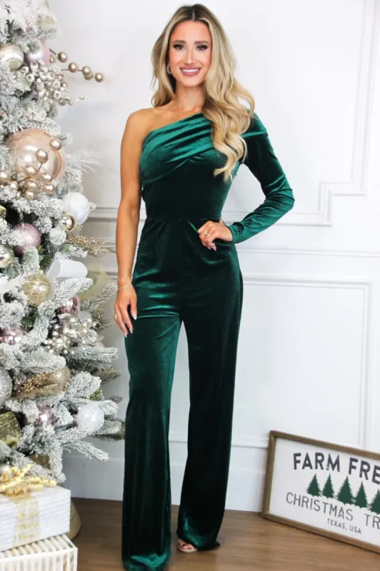 Elissa Velvet One Shoulder Jumpsuit: Emerald sold by Bella and Bloom
