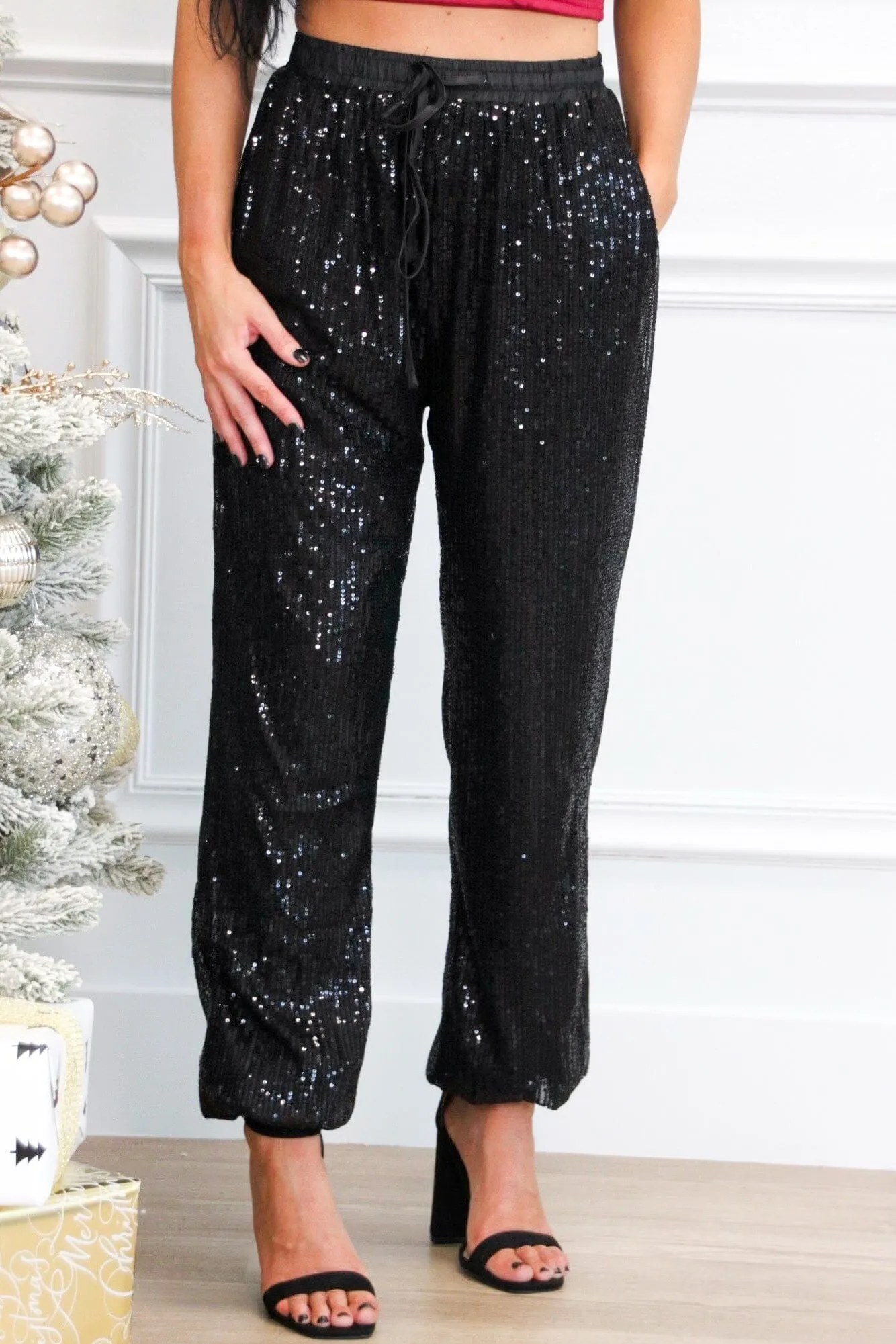 Holiday Cheer Sequin Joggers: Black sold by Bella and Bloom