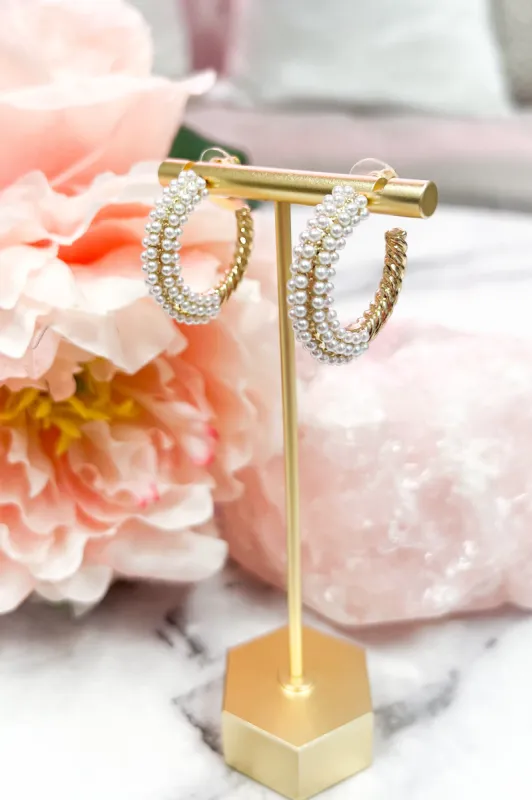 Beckham Pearl Hoop Earrings: Gold sold by Bella and Bloom