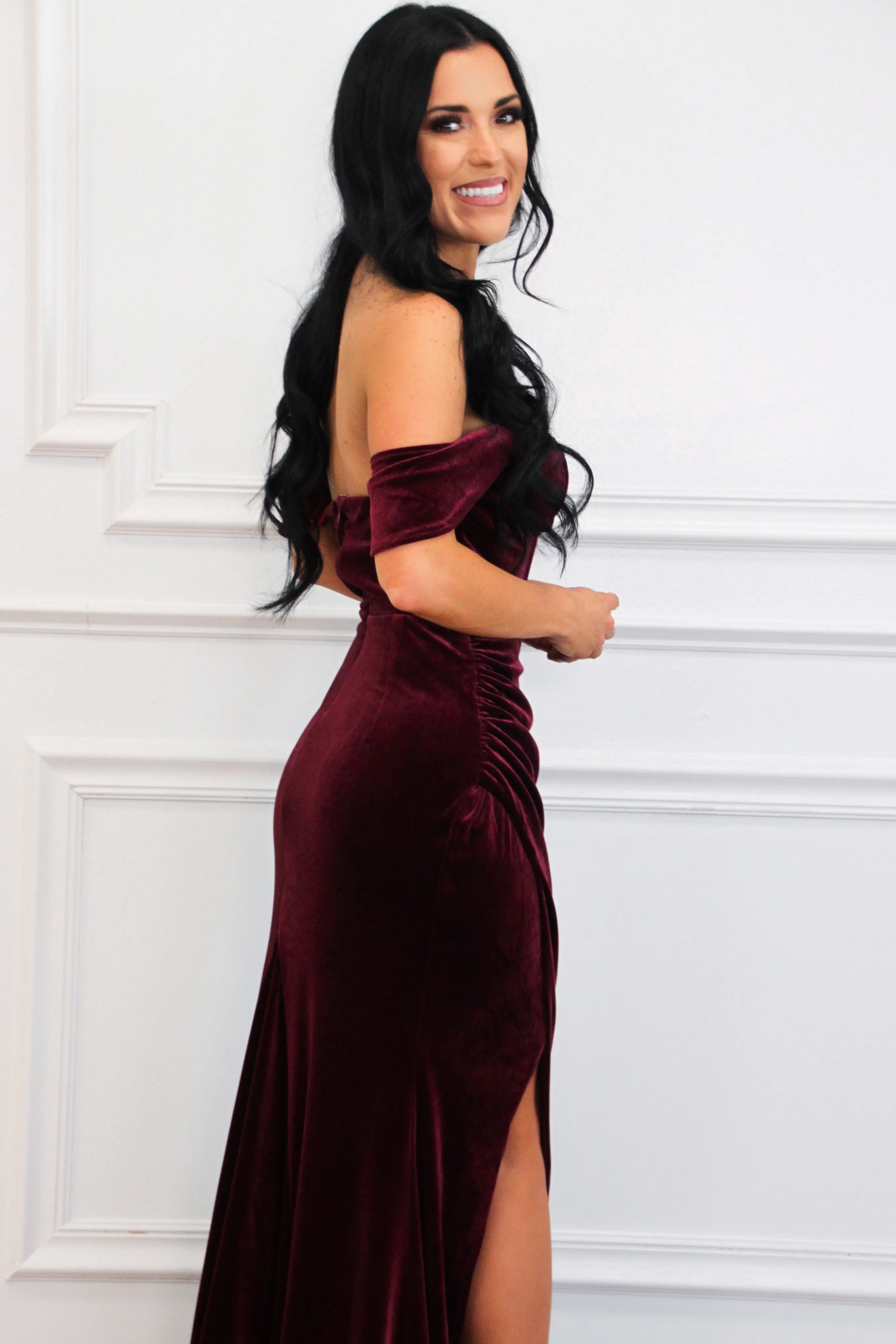 Winona Velvet Bustier Off Shoulder Maxi Dress: Wine sold by Bella and Bloom product image thumbnail 3