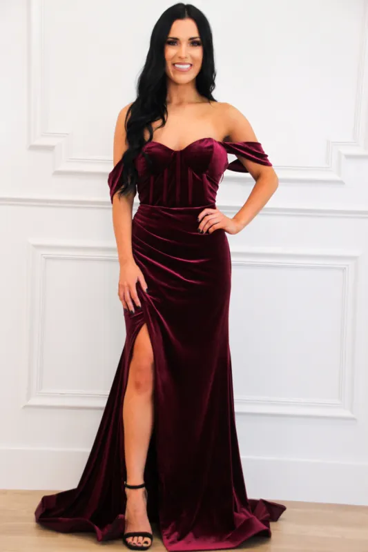 Winona Velvet Bustier Off Shoulder Maxi Dress: Wine sold by Bella and Bloom