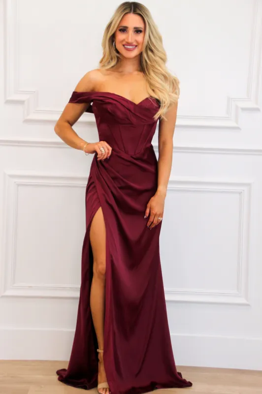 Tyla One Shoulder Satin Bustier Slit Formal Dress: Burgundy sold by Bella and Bloom