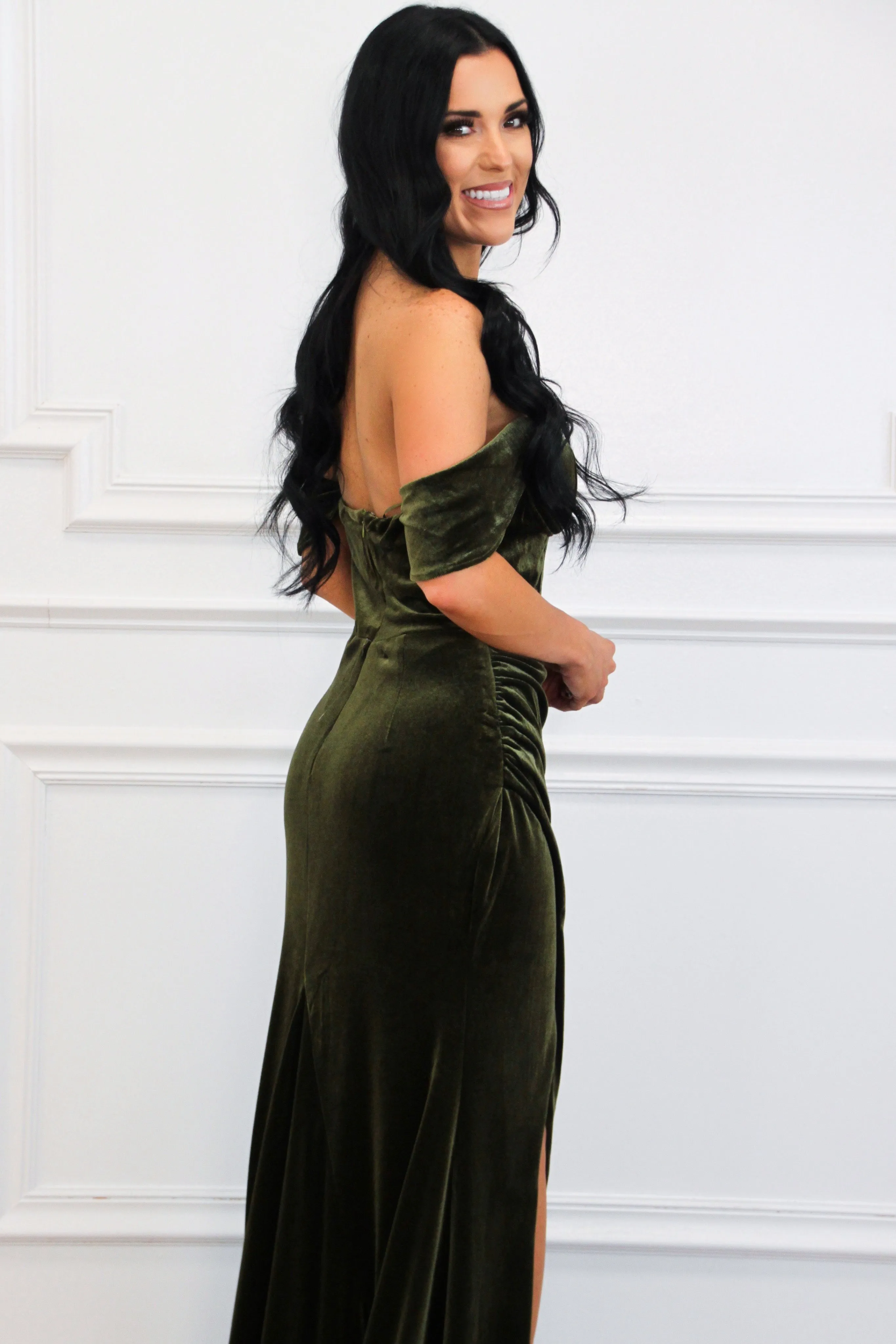 Winona Velvet Bustier Off Shoulder Maxi Dress: Olive sold by Bella and Bloom product image thumbnail 3