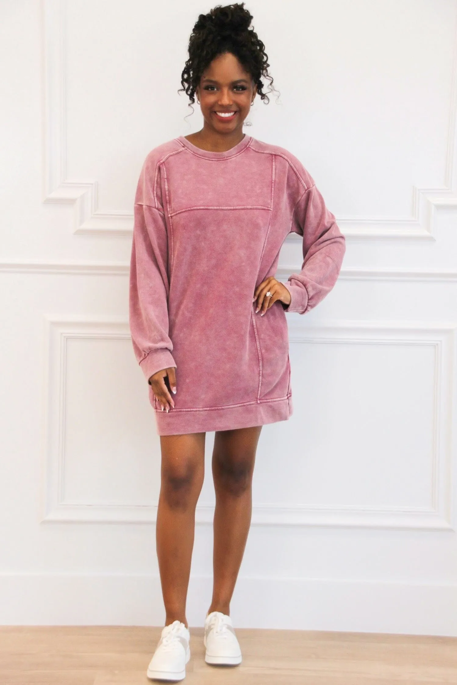 Casual Days Oversized Washed Sweatshirt Tunic Dress: Magenta sold by Bella and Bloom